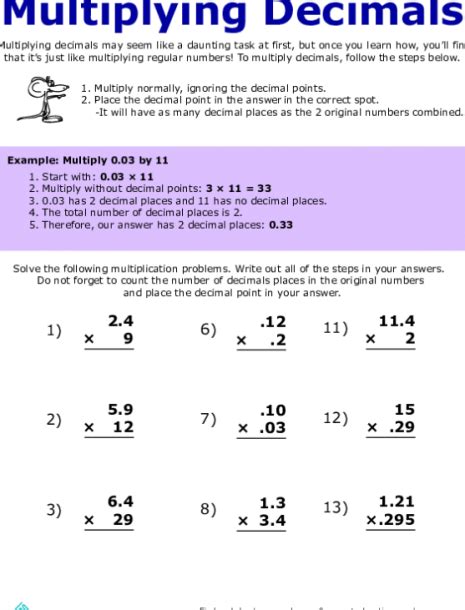 Multiplying Decimals Worksheet Math Aids