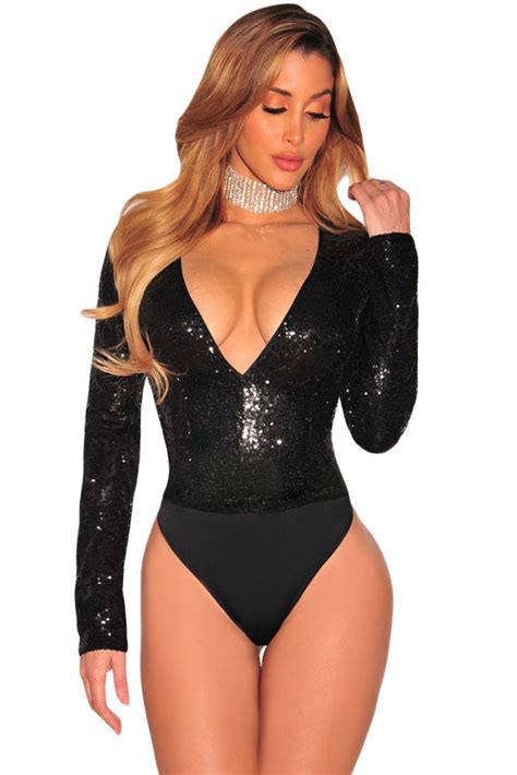 Sexy Black Sequins Spliced Bodice Long Sleeves Bodysuit Sexy