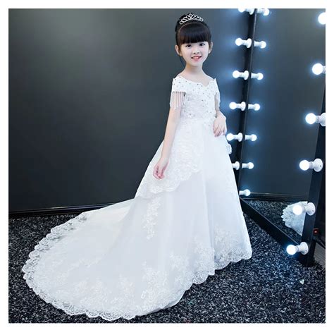 Long Traling White Tulle Flower Girl Dress For Weddings Beaded Lace