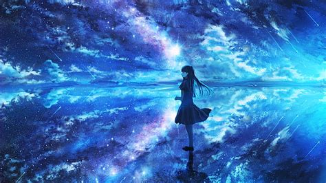 Hd Wallpaper Anime Original Girl Reflection Shooting Star Starry Sky Wallpaper Flare