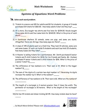 Systems Of Equations Word Problems Worksheets