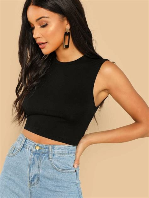 Shein Solid Cropped Tank Top Slim Fit Crop Top Cropped Tank Top Tank Tops