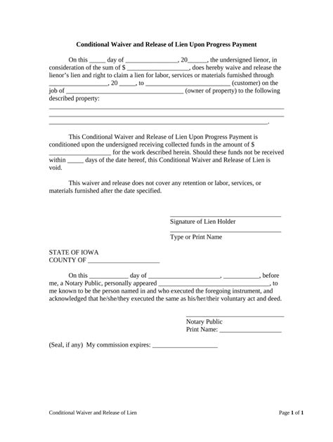 Conditional Waiver And Release Of Lien Upon Progress Payment Iowa Form