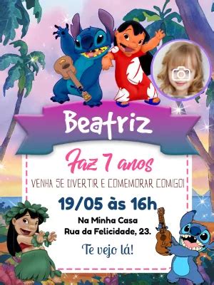 Convite Aniversário Lilo e Stitch foto Edite grátis nosso