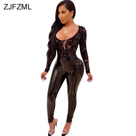 Sheer Lace Patchwork Sexy Overall For Women Black Bright PU Leather See