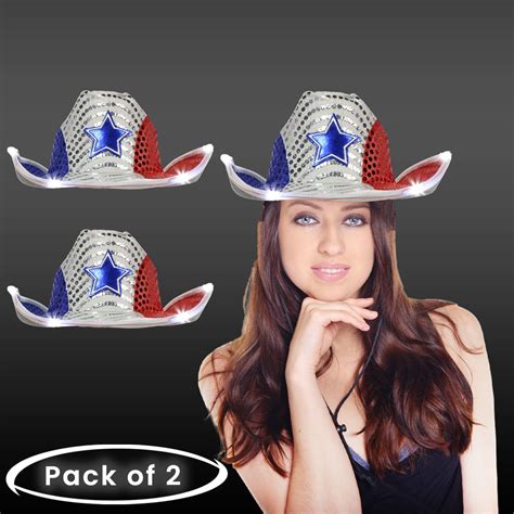 Two Led Light Up Patriotic Sequin Cowboy Cowgirl Hats