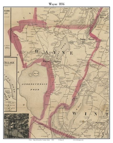 Wayne Maine 1856 Old Town Map Custom Print Kennebec Co Town Map Wall Maps Custom Map