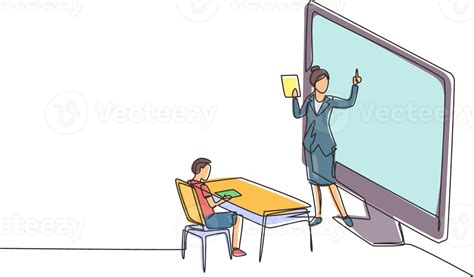 Continuous One Line Drawing Female Teacher Standing In Front Of Monitor