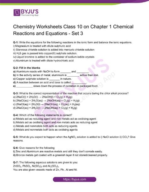 Class 10 Chemistry Worksheet On Chapter 1 Chemical Reactions And