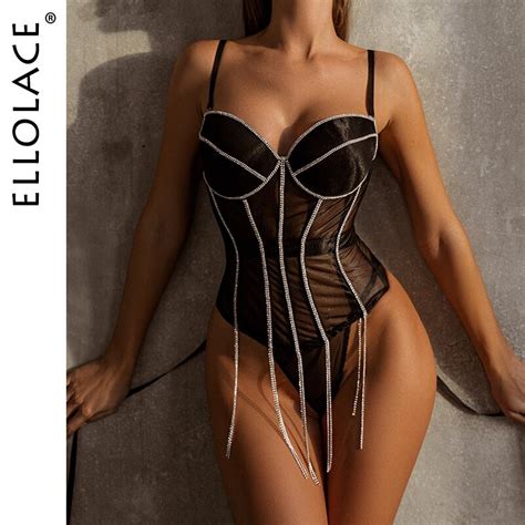 Ellolace Strass Lingerie Espartilho Set Mulheres Pe A Luxo Fantasia