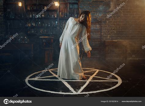 Creepy Demonic Woman Standing Magic Circle Demons Casting Out Exorcism