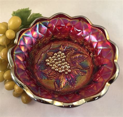 Vintage Fenton Ruby Red Carnival Glass Bowl With Fruit Design