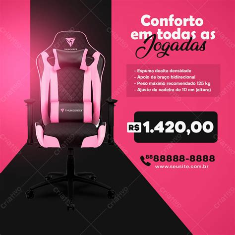 Jogue Conforto Cadeira Gamer Thunderx Rosa Social Media Psd