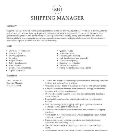 Shipping Manager Resume Example