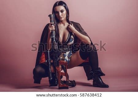 Hot Sexy Brunette Girl Gun On Stock Photo Shutterstock