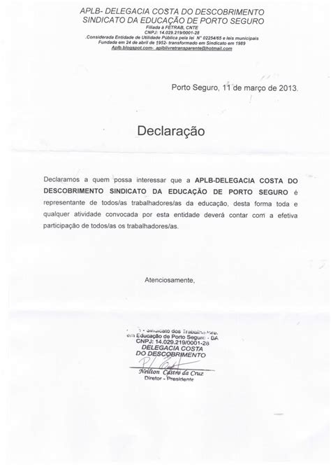 SINDICATO DA EDUCAÇÃO APLB DECLARAÇÃO