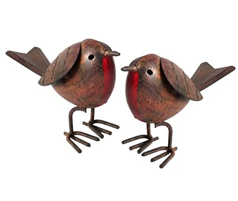 Set Of 2 Metal Tin Robin Garden Ornaments Hand Painted Indoor Or