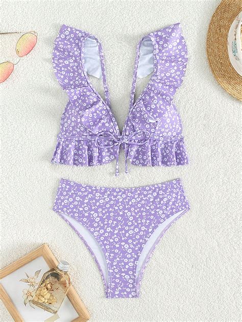 Floral Print Ruffled Edge Bikini Set With Separated Shorts SHEIN USA