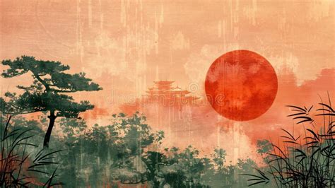 Old Historical Painting Of The Red Moon Of Japan Stock Image Image Of