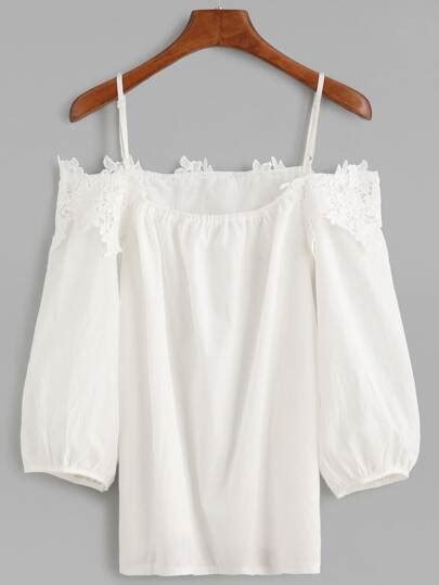 White Cold Shoulder Appliques Lantern Sleeve Top Sheinsheinside