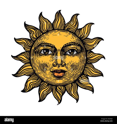 Sun With Face Color Sketch Engraving Vector Illustration Stock Vector