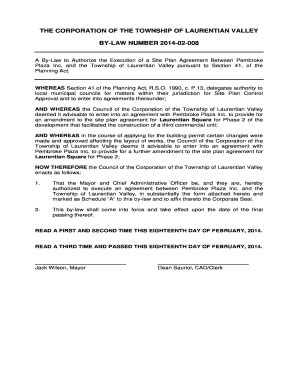 Fillable Online A By Law To Authorize The Execution Of A Site Plan