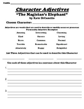 The Magicians Elephant By Kate DiCamillo CHARACTER ADJECTIVE WORKSHEET