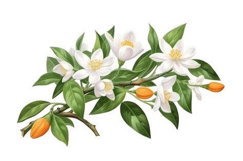 Premium Ai Image A Branch Of Oranges With Leaves And Flowers