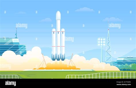 Launch Rocket Vector Illustration Cartoon Flat Research Shuttle Heavy