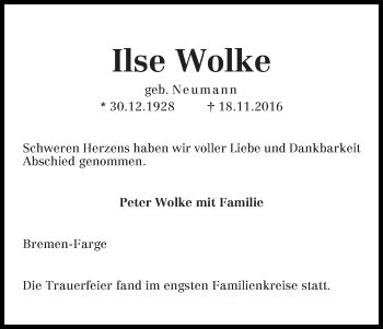 Traueranzeigen Von Ilse Wolke Trauer Gedenken