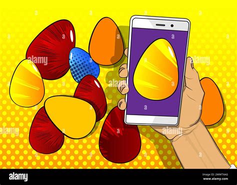 Cartoon Smartphone Comic Book Telephone With Easter Eggs Retro Vector