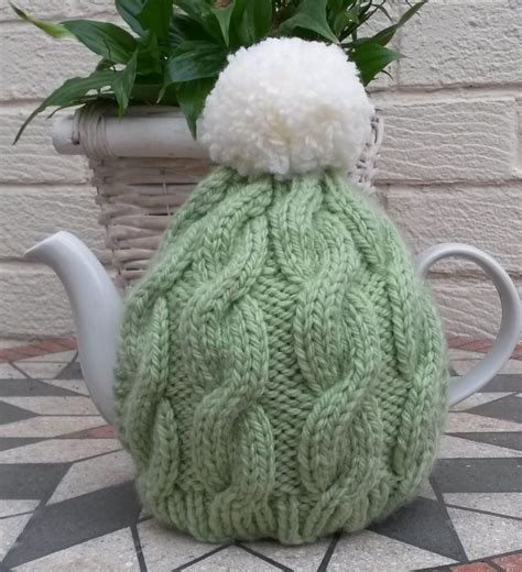 Chunky Knit Cable Tea Cosy In Mint Green With Cream Pompom Free Pattern