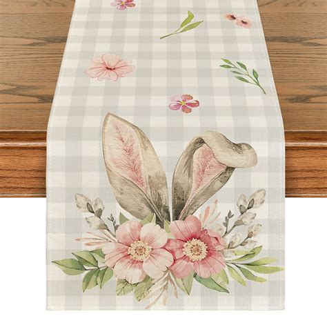 Artoid Mode Buffalo Plaid Bunny Rabbit Ears Flower Easter Table Runner