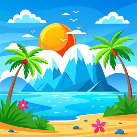 Una caricatura de una escena de playa con palmeras y montañas Vector