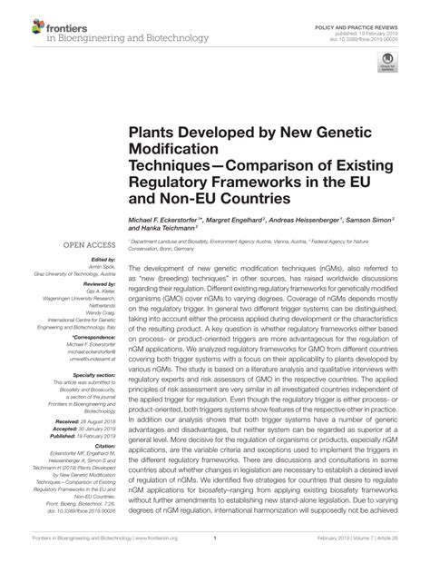 (PDF) Plants Developed by New Genetic Modification Techniques—Comparison of Existing Regulatory ...