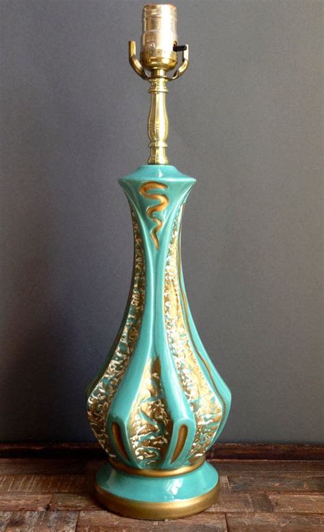 Mid Century Modern Turquoise And Gold Gilt Table Lamp Etsy Mid