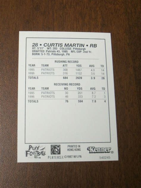 Curtis Martin 1997 Kenner Starting Lineup Card New England Patriots