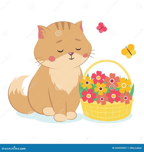 Cute Cat With A Basket Of Flowers And Butterflies Stock Vector