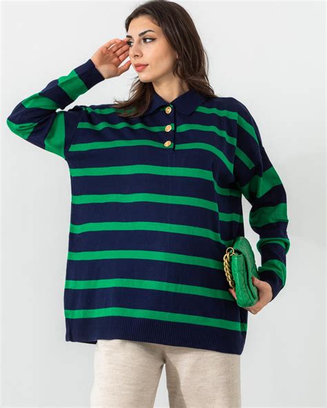 Oversize Polo Yaka Şeritli Yeşil Kazak Meristore