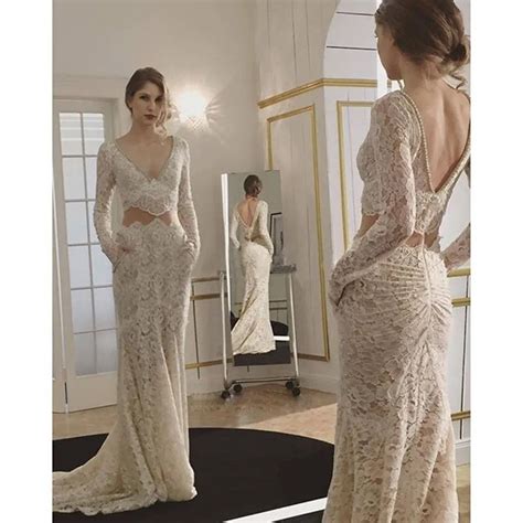 Elegant Beige Wedding Dresses 2017 V Neck Long Sleeve Lace Pearls Slim