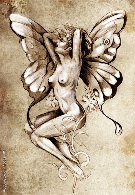 Nude Fairy Fantasy Sketch Of Tattoo Art Naked Woman Figure Stock Illustration Adobe Stock