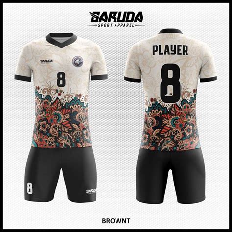 Desain Kostum Sepakbola Printing Brownt Warna Putih Hitam Motif Batik