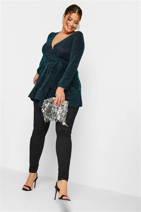 Yours London Plus Size Teal Blue Glitter Wrap Top Yours Clothing