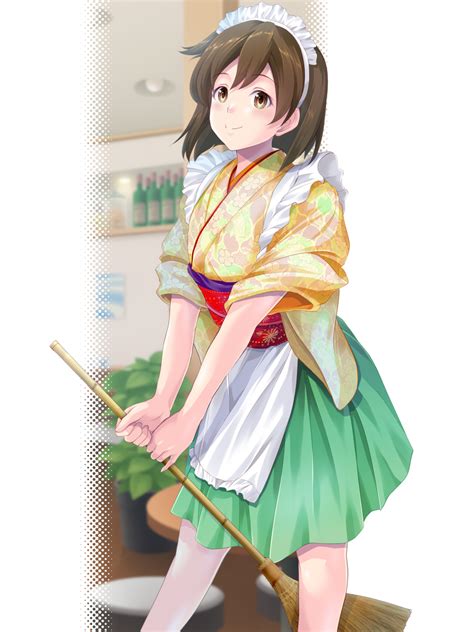 Safebooru 1girl Alternate Costume Apron Broom Brown Eyes Brown Hair