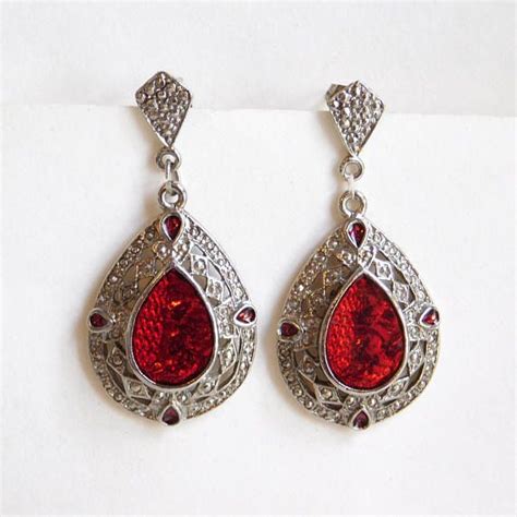 Vintage Red Enamel Dangle Earrings Faux Marcasite Silvertone Big Dangle