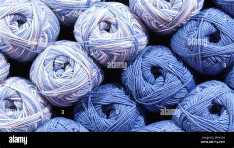 Balls Of Blue Wool Assortment Of Yarn On Display In The Store Sale Of