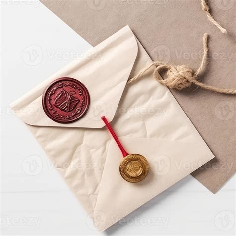 Closeup View Of Beige Old Letter Envelope With Red Wax Seal And Golden