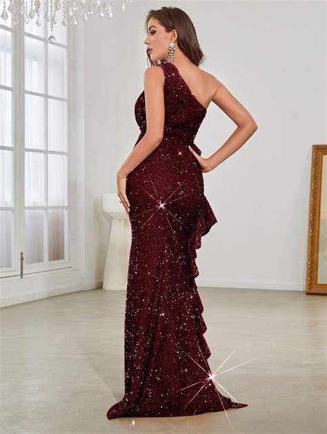 Giffniseti One Shoulder Ruffle Trim Split Thigh Sequin Formal Dress