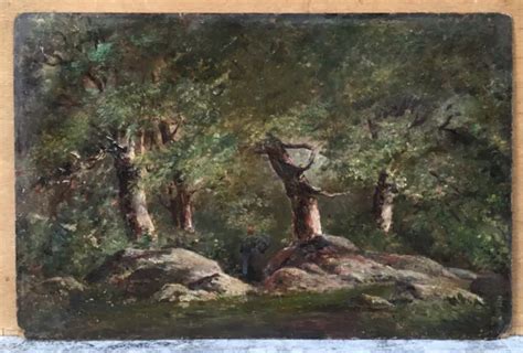 TABLEAU ANCIEN HUILE Paysage Ecole Barbizon Forêt Bois Arbres