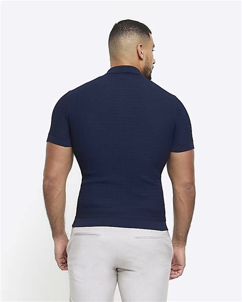 Navy Muscle Fit Knitted Half Zip Polo River Island